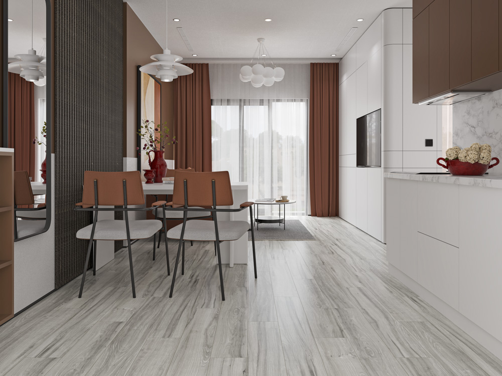 Кварцвиниловый SPC ламинат Cronafloor Wood Дуб Атланта BD-2771-5 1200×180×4 фото в интерьере